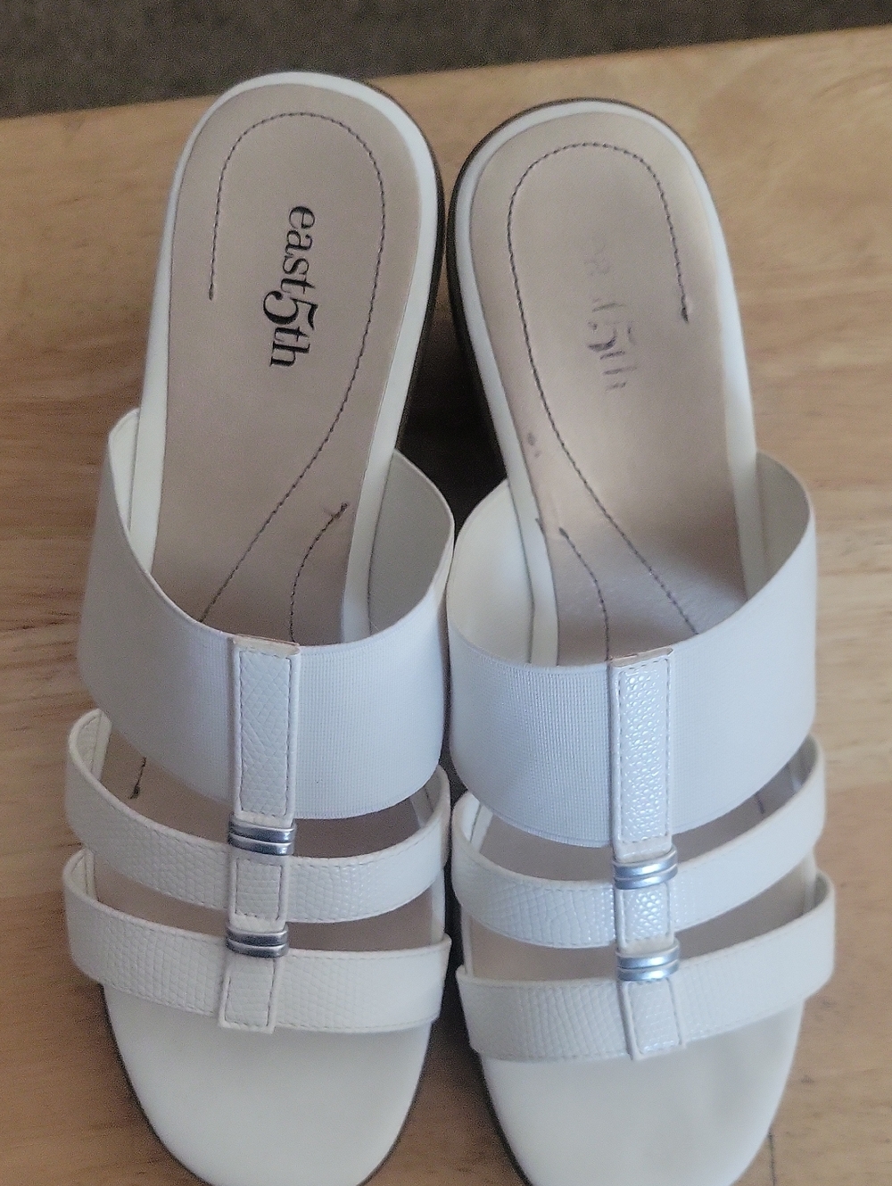 East 5th White Three-Strap Slide Mules